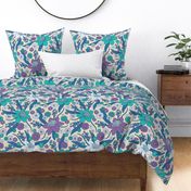 Purple, Teal & Blue 1970s Inspired Retro Floral Pattern