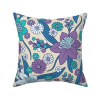 Purple, Teal & Blue 1970s Inspired Retro Floral Pattern