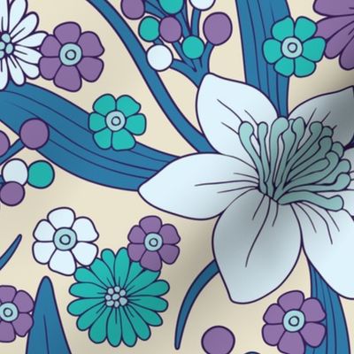 Purple, Teal & Blue 1970s Inspired Retro Floral Pattern