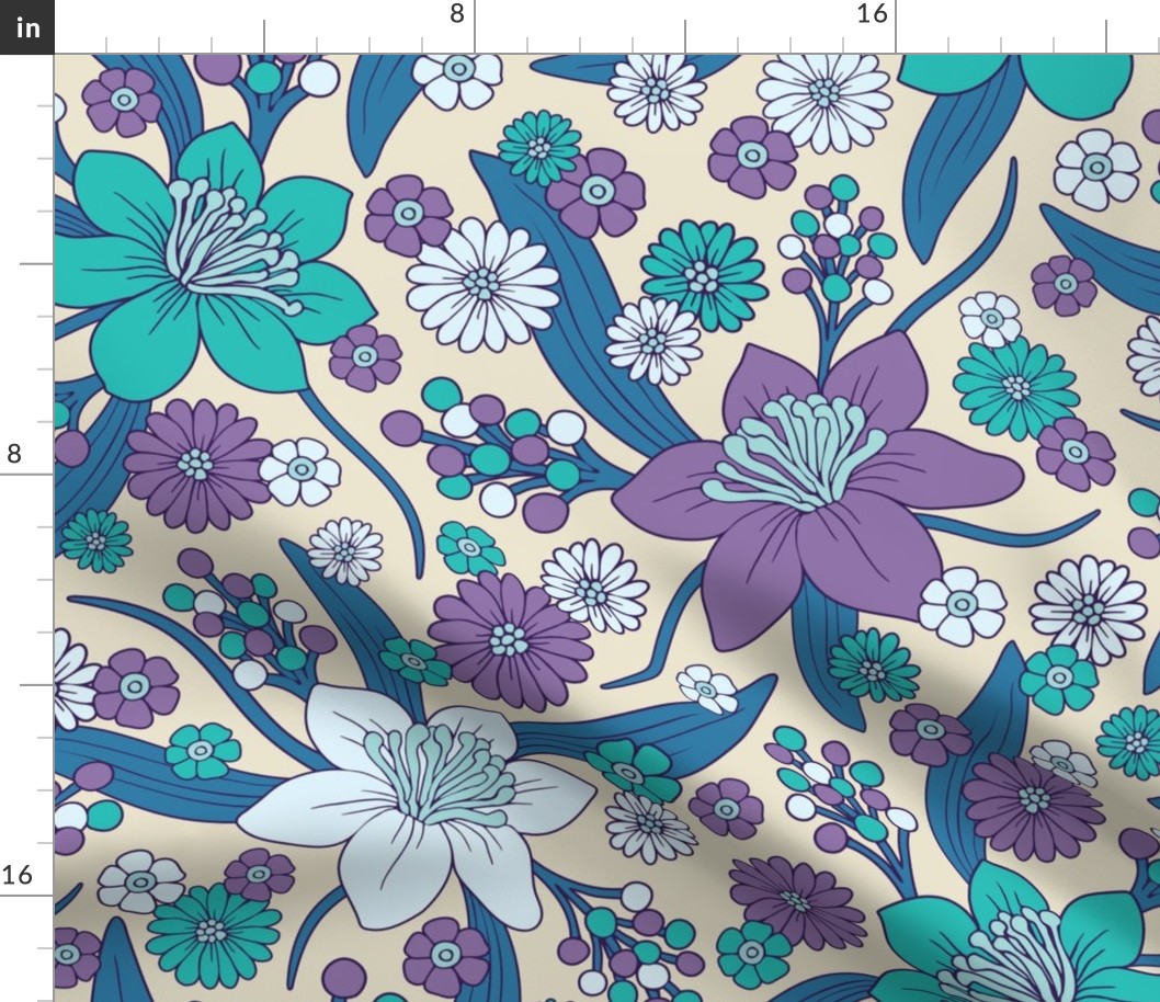 Purple, Teal & Blue 1970s Inspired Retro Floral Pattern