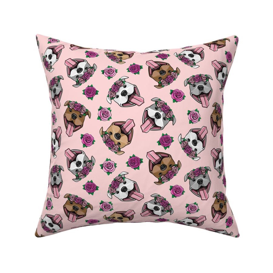 floral pit bulls - pink on pink - smiling happy dogs pitties - LAD19