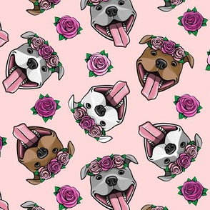 floral pit bulls - pink on pink - smiling happy dogs pitties - LAD19