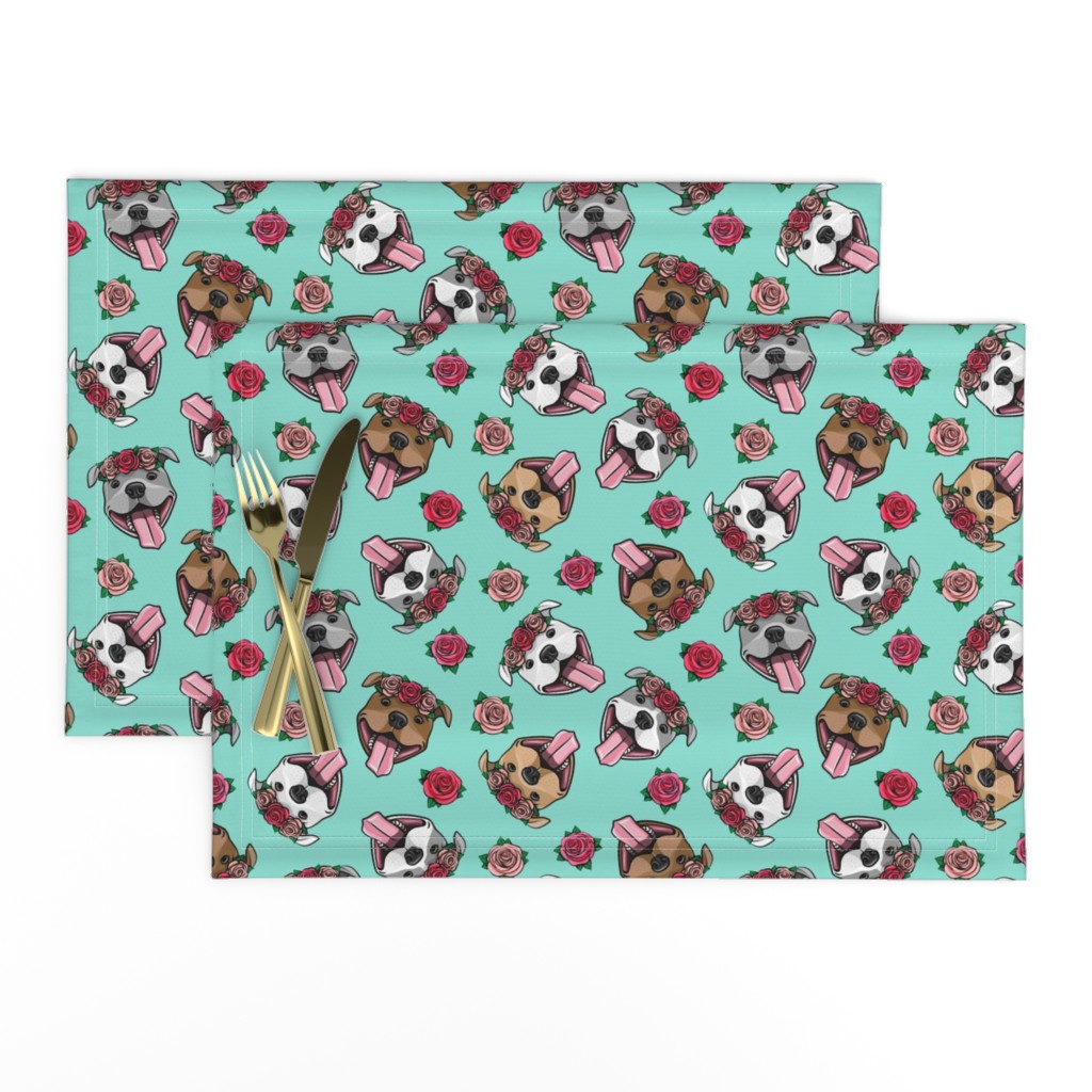 floral pit bulls - teal - smiling happy dogs pitties - LAD19