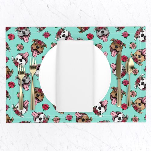 floral pit bulls - teal - smiling happy dogs pitties - LAD19