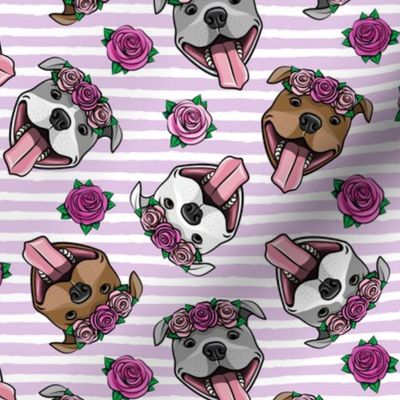 floral pit bulls - purple stripes - smiling happy dogs pitties - LAD19