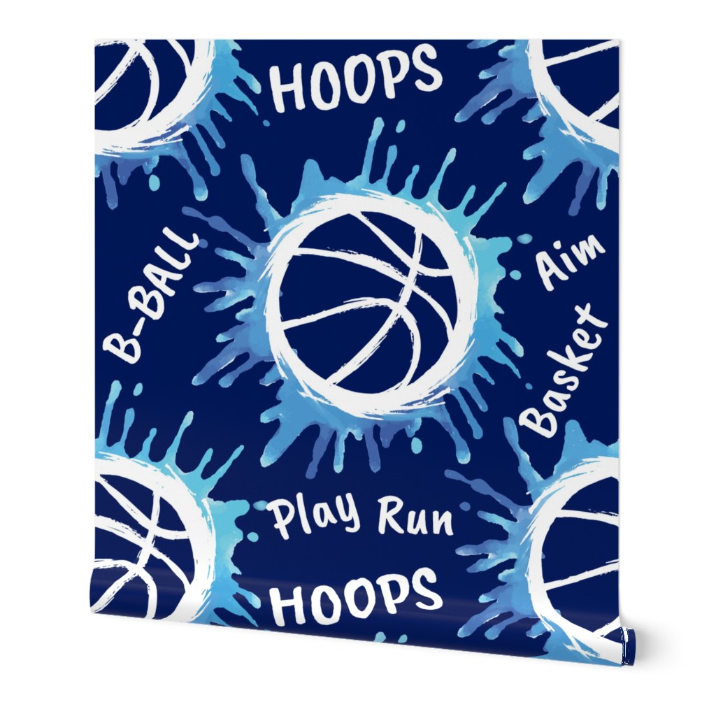 Watercolor Basketball with Phrases- Play, Aim, Hoops, Basket, B-Ball- Large Scale