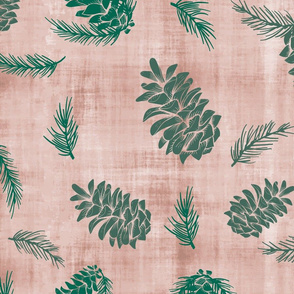 Pinecones and Pine Needles Winter Wonder- Rose and Emerald- Large Scale