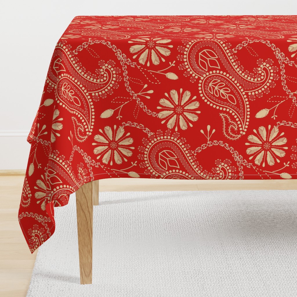 Chikankari Paisley Embroidery- Florals in Red and  Flax- Large scale