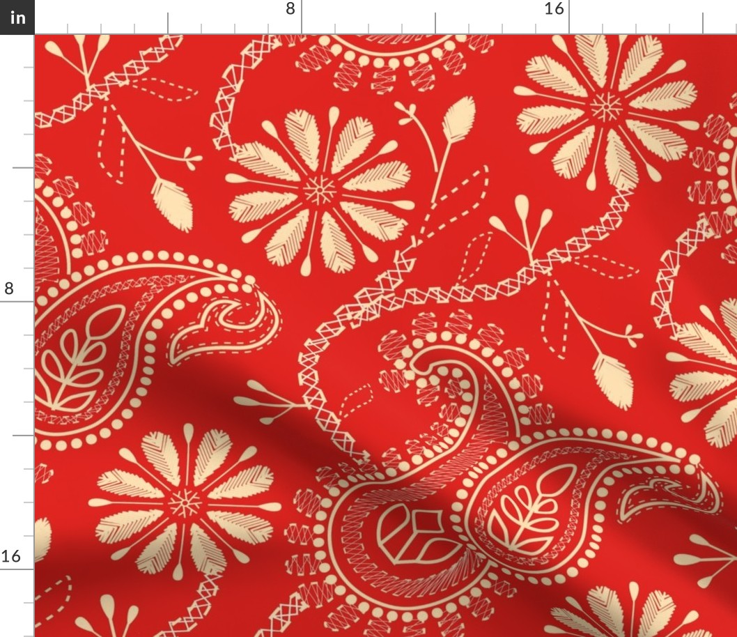 Chikankari Paisley Embroidery- Florals in Red and  Flax- Large scale