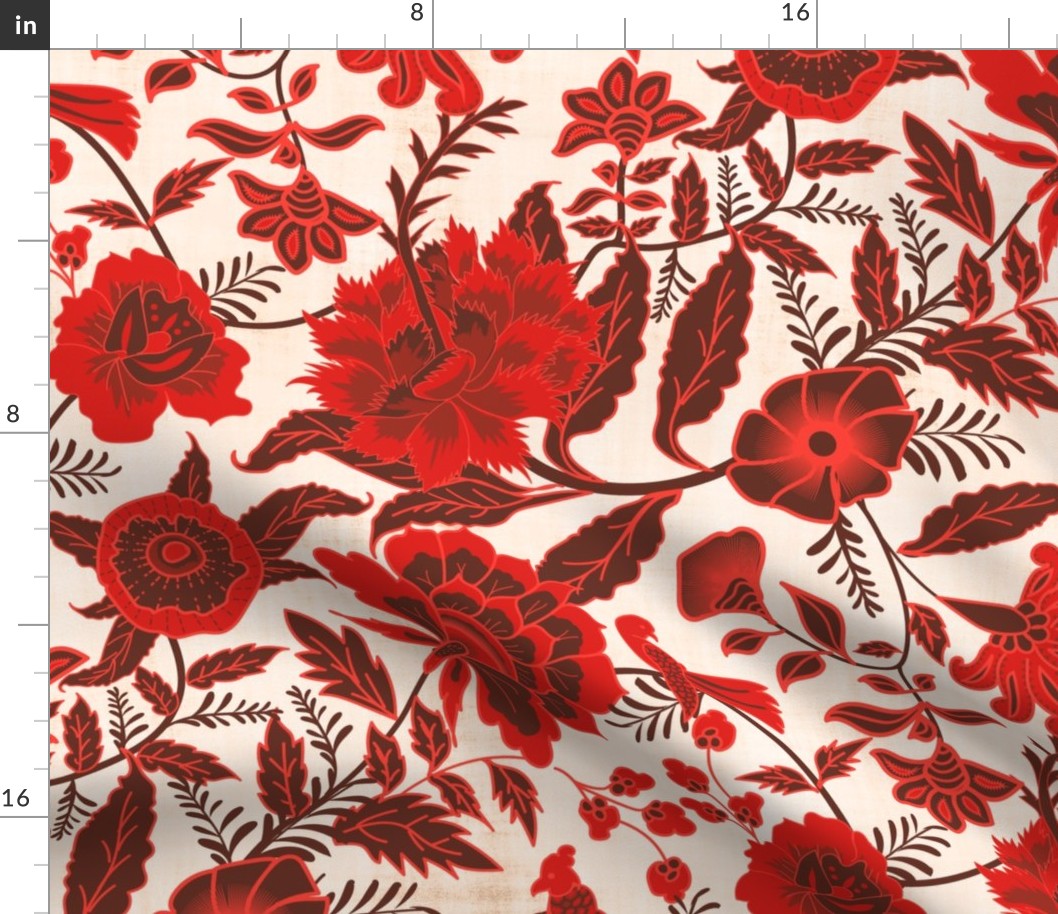 Vintage Botanical Chintz Filigree- Red Traditional Florals Palampore- Large Scale
