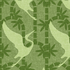 Zen Deco Tropics- Art Deco Bamboo and Cranes- Green- Large Scale