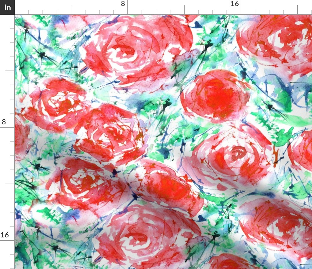 Scarlet red roses • large scale • watercolor flowers