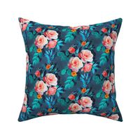 Small Retro Rose Chintz in Radiant Coral on Blue