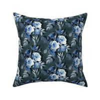 Small Retro Rose Chintz in Monochrome Grey and Royal Blue