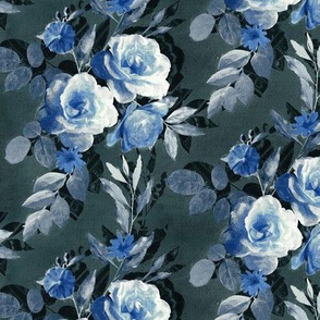 Small Retro Rose Chintz in Monochrome Grey and Royal Blue