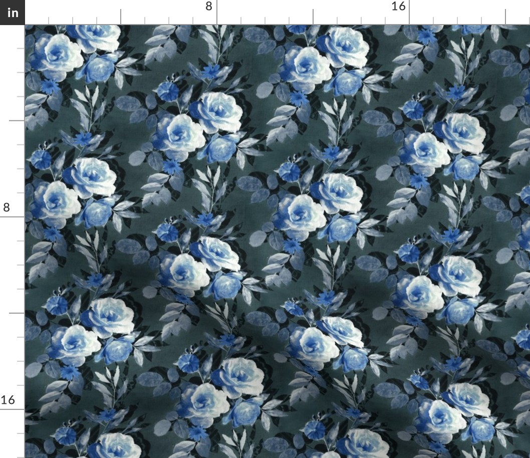 Small Retro Rose Chintz in Monochrome Grey and Royal Blue