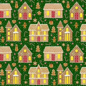 Gingerbread houses seamless, dark green (large scale)