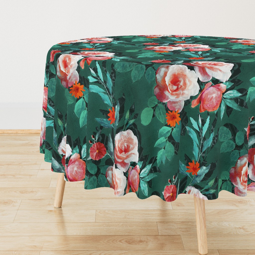 Oversized Retro Rose Chintz in Melon Pink on Dark Emerald Green