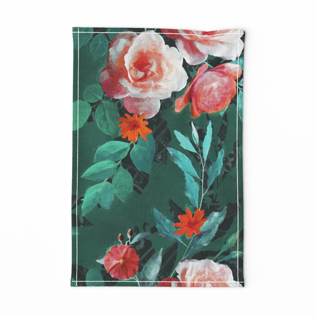 Oversized Retro Rose Chintz in Melon Pink on Dark Emerald Green