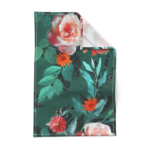 Oversized Retro Rose Chintz in Melon Pink on Dark Emerald Green