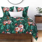 Oversized Retro Rose Chintz in Melon Pink on Dark Emerald Green