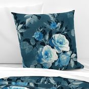 Over-sized Retro Rose Chintz in Monochrome Denim and Sky Blue