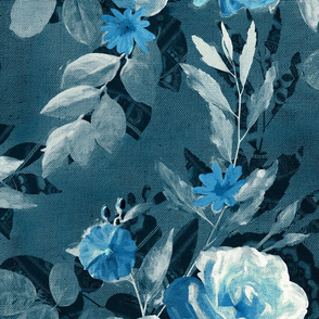 Over-sized Retro Rose Chintz in Monochrome Denim and Sky Blue