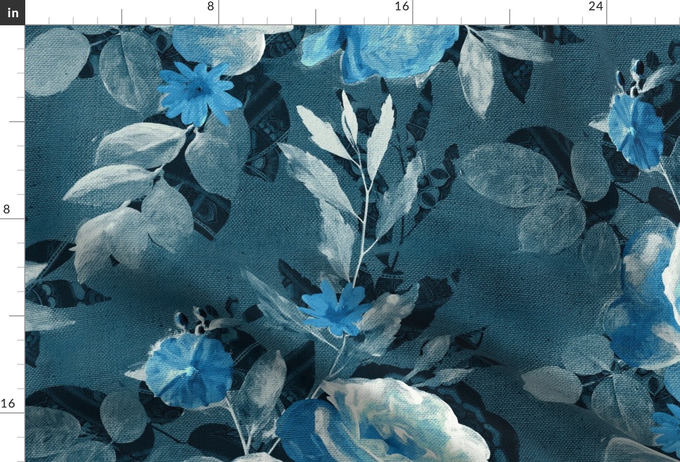 Over-sized Retro Rose Chintz in Monochrome Denim and Sky Blue