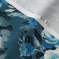 Small Retro Rose Chintz in Monochrome Denim and Sky Blue