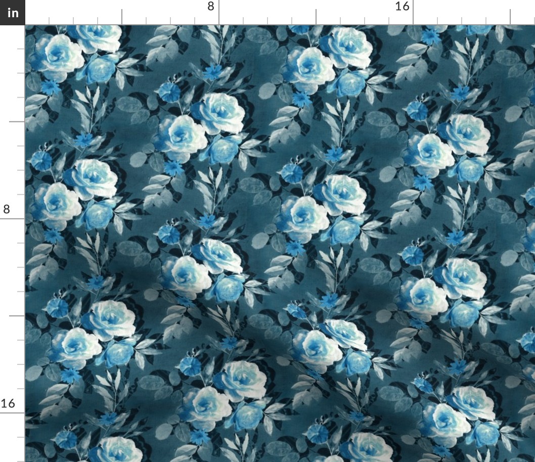 Small Retro Rose Chintz in Monochrome Denim and Sky Blue