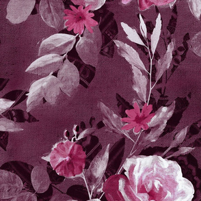 Over-sized Retro Rose Chintz in Monochrome Pink, Plum and Mauve