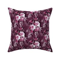 Small Retro Rose Chintz in Monochrome Pink, Plum and Mauve