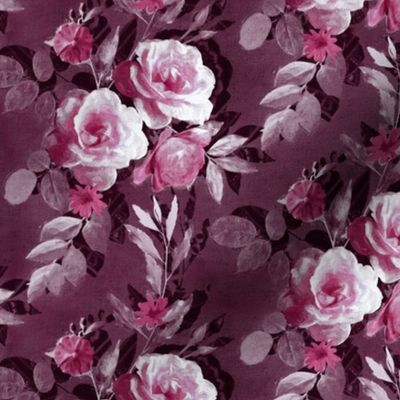 Small Retro Rose Chintz in Monochrome Pink, Plum and Mauve