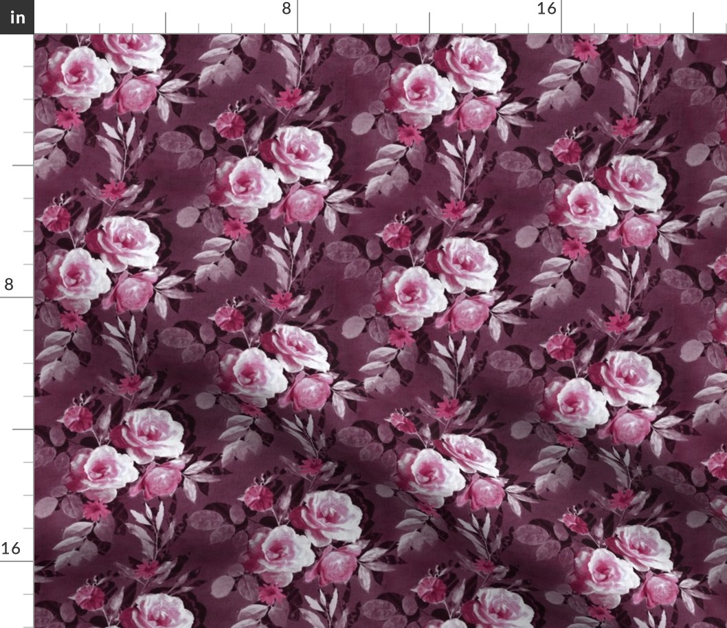 Small Retro Rose Chintz in Monochrome Pink, Plum and Mauve