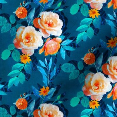 Small Retro Rose Chintz in Bright Orange, Teal and Blue