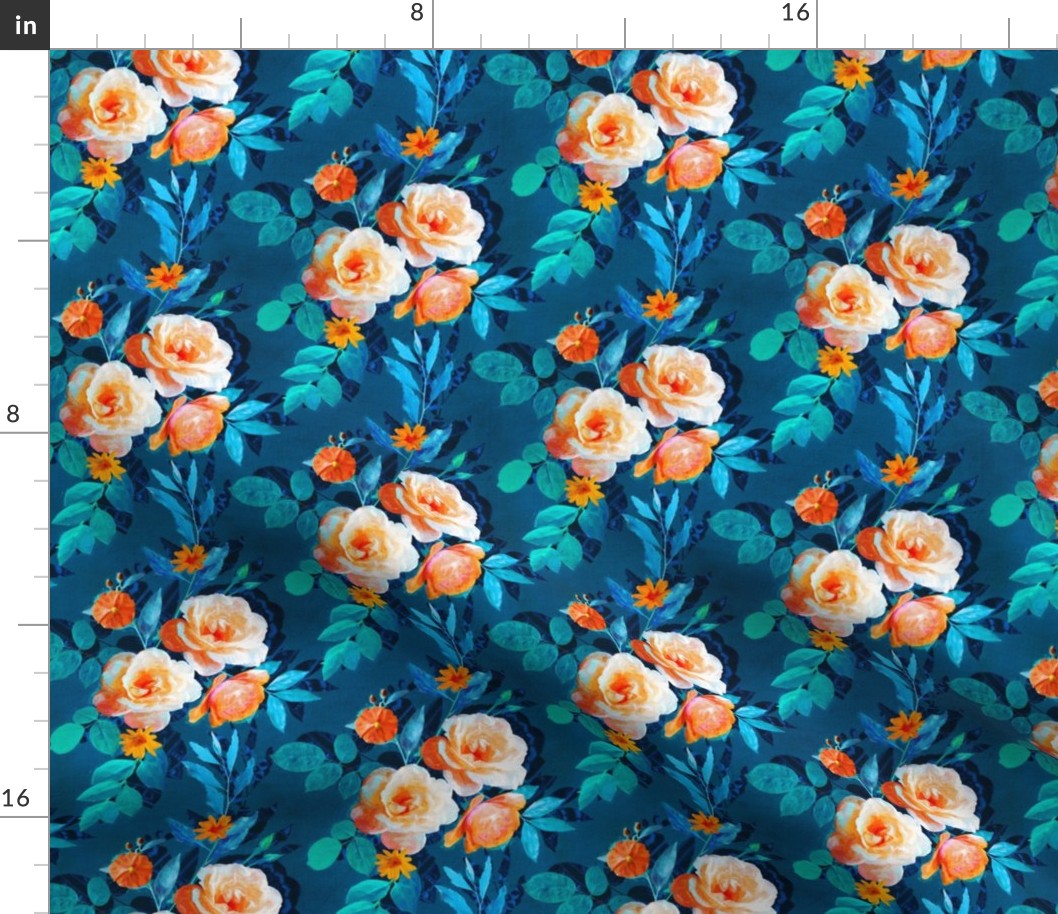 Small Retro Rose Chintz in Bright Orange, Teal and Blue