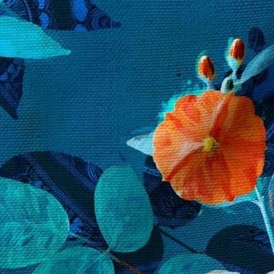 Over-sized Retro Rose Chintz in Bright Orange, Teal and Blue