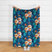 Over-sized Retro Rose Chintz in Bright Orange, Teal and Blue