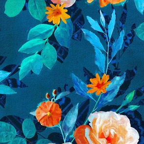 Over-sized Retro Rose Chintz in Bright Orange, Teal and Blue