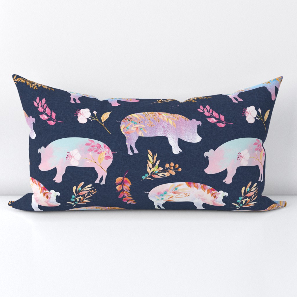 pink purple bronze floral piggies on navy linen