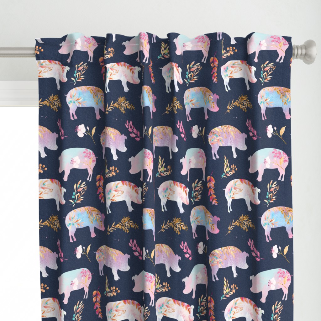 pink purple bronze floral piggies on navy linen