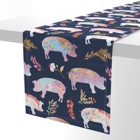 pink purple bronze floral piggies on navy linen