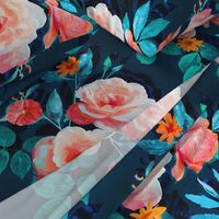 Large Retro Rose Chintz in Salmon and Teal on Deep Blue