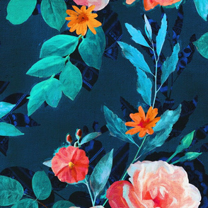 Large Retro Rose Chintz in Salmon and Teal on Deep Blue