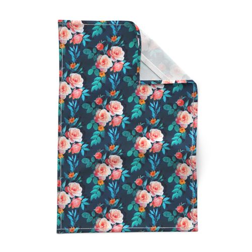 Small Retro Rose Chintz in Salmon and Teal on Deep Blue