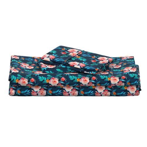 Small Retro Rose Chintz in Salmon and Teal on Deep Blue