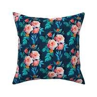 Small Retro Rose Chintz in Salmon and Teal on Deep Blue