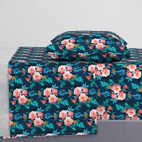 Small Retro Rose Chintz in Salmon and Teal on Deep Blue