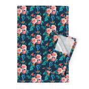 Small Retro Rose Chintz in Salmon and Teal on Deep Blue