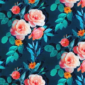 Small Retro Rose Chintz in Salmon and Teal on Deep Blue